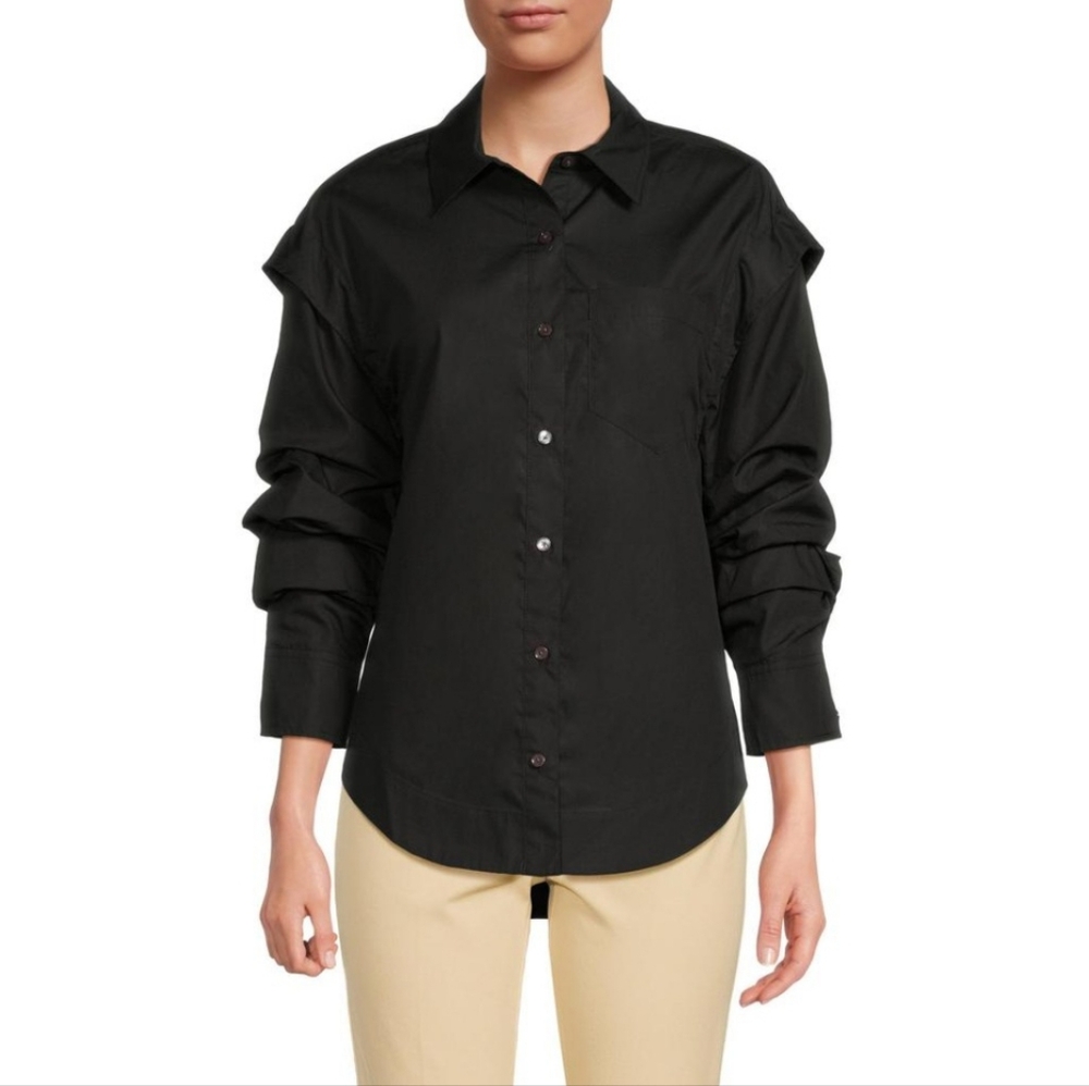 Derek Lam 10 Crosby Marley Ruched Sleeve Button Down Collared Shirt Black